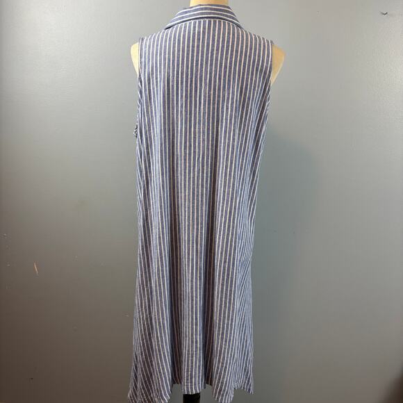 ForCynthia Striped Sleeveless Shirt Button Up Dress Linen Blend Ruched Pocket LG - Picture 2 of 10